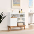 Meuble de rangement chêne naturel et blocs de couleur blanc cassé, meuble bas à étagère ouverte