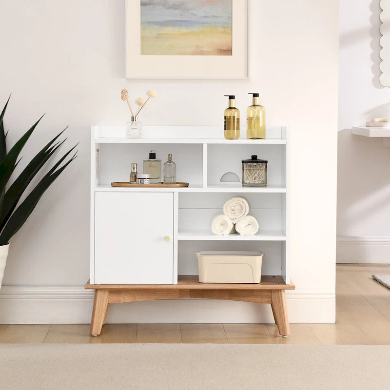 Meuble de rangement chêne naturel et blocs de couleur blanc cassé, meuble bas à étagère ouverte