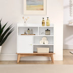 Meuble de rangement chêne naturel et blocs de couleur blanc cassé, meuble bas à étagère ouverte