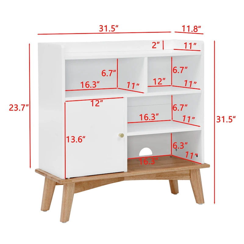 Meuble de rangement chêne naturel et blocs de couleur blanc cassé, meuble bas à étagère ouverte