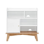 Meuble de rangement chêne naturel et blocs de couleur blanc cassé, meuble bas à étagère ouverte