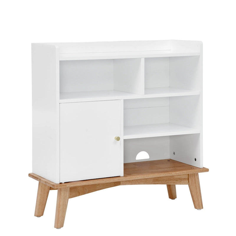 Meuble de rangement chêne naturel et blocs de couleur blanc cassé, meuble bas à étagère ouverte