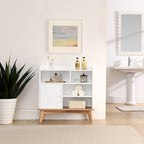 Meuble de rangement chêne naturel et blocs de couleur blanc cassé, meuble bas à étagère ouverte