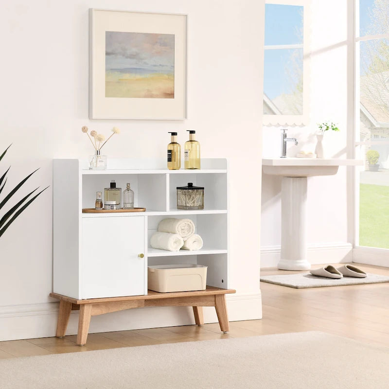Meuble de rangement chêne naturel et blocs de couleur blanc cassé, meuble bas à étagère ouverte