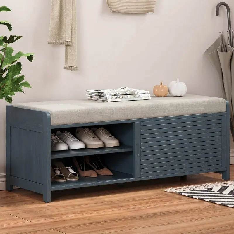 Banc de rangement Blanc à Volets – MDF avec placage Acacia, 1 à 2 places