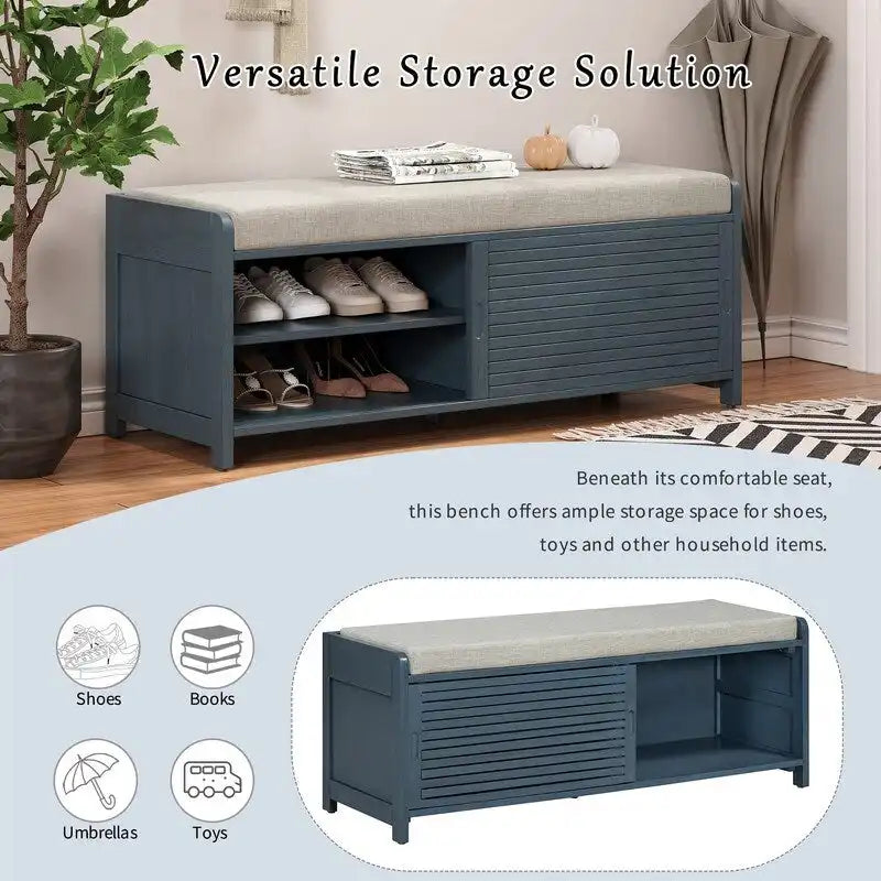 Banc de rangement Blanc à Volets – MDF avec placage Acacia, 1 à 2 places