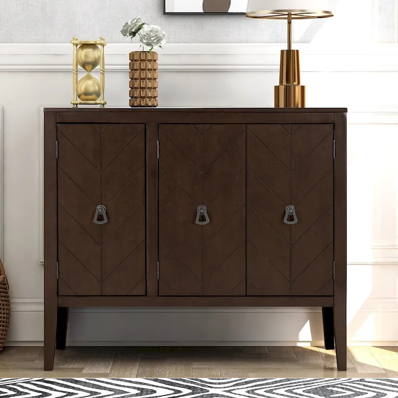 Buffet de rangement marron / bleu marine / gris – 3 poignées en métal, 4 pieds en pin, étagère réglable