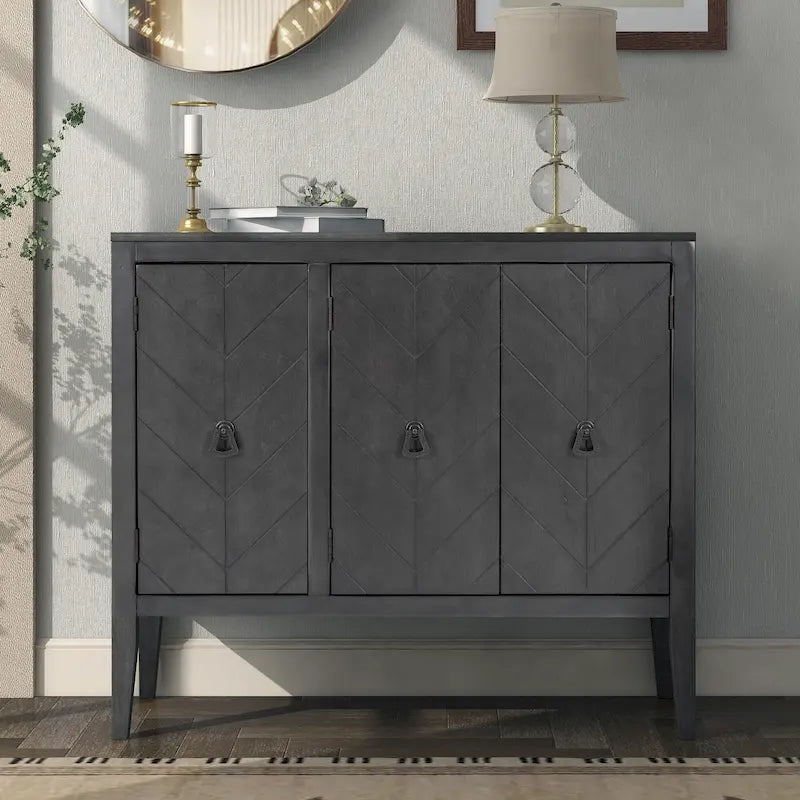 Buffet de rangement marron / bleu marine / gris – 3 poignées en métal, 4 pieds en pin, étagère réglable
