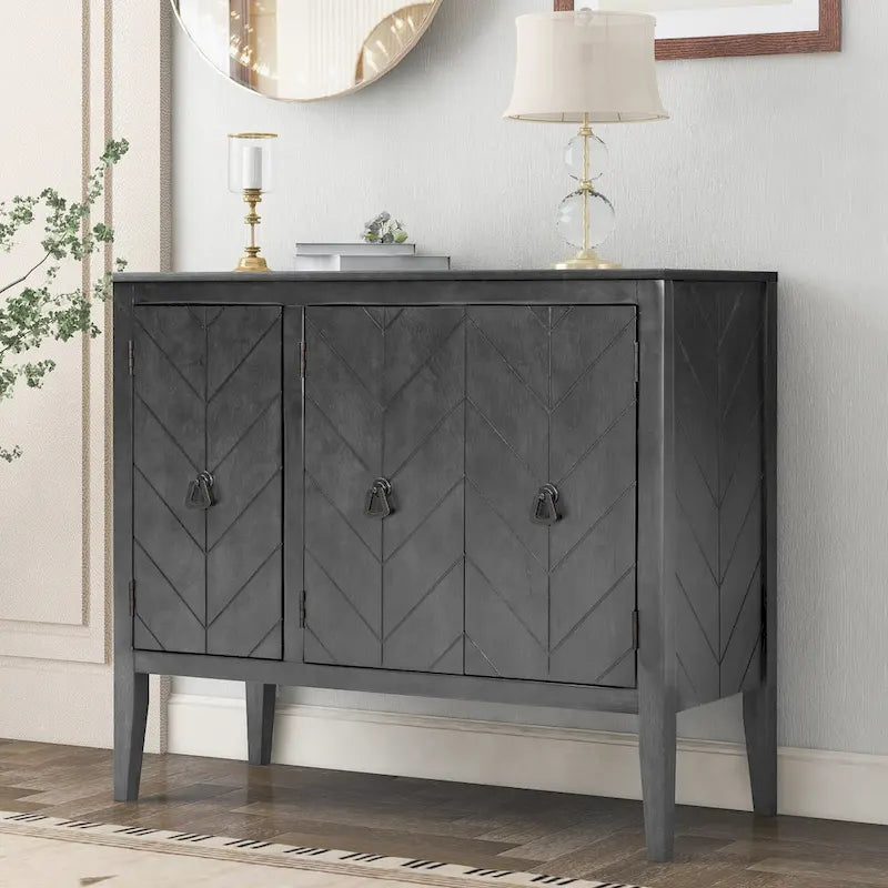 Buffet de rangement marron / bleu marine / gris – 3 poignées en métal, 4 pieds en pin, étagère réglable