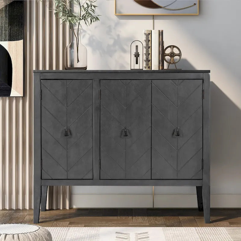 Buffet de rangement marron / bleu marine / gris – 3 poignées en métal, 4 pieds en pin, étagère réglable