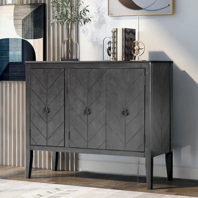 Buffet de rangement marron / bleu marine / gris – 3 poignées en métal, 4 pieds en pin, étagère réglable