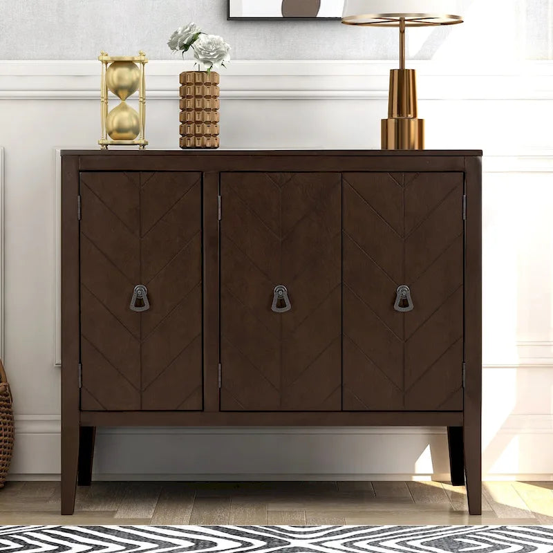 Buffet de rangement marron / bleu marine / gris – 3 poignées en métal, 4 pieds en pin, étagère réglable