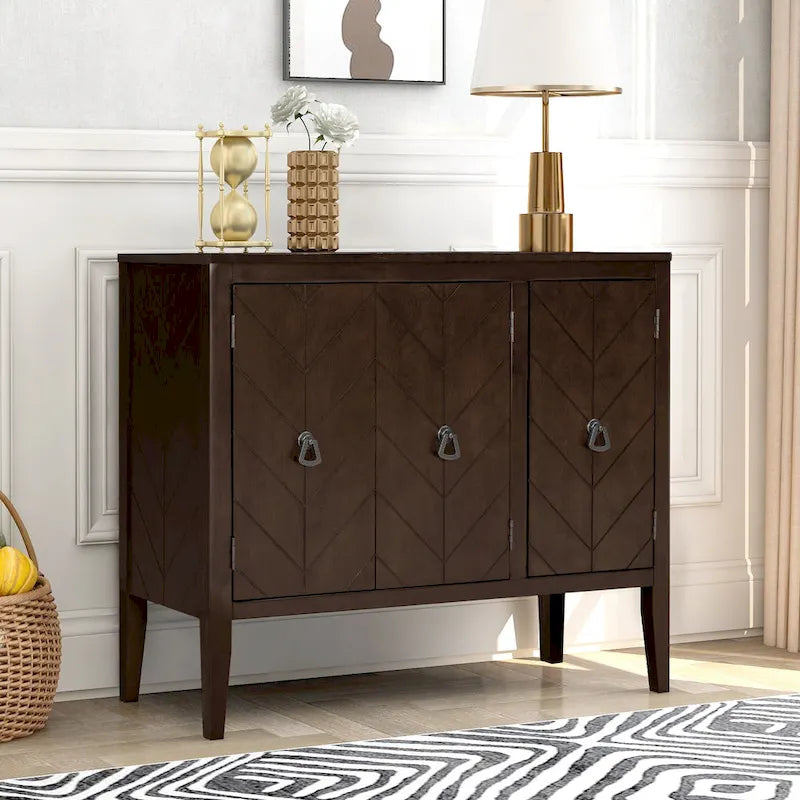 Buffet de rangement marron / bleu marine / gris – 3 poignées en métal, 4 pieds en pin, étagère réglable