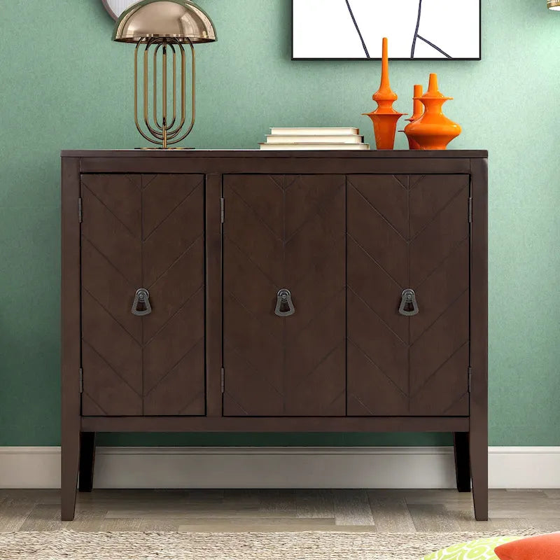 Buffet de rangement marron / bleu marine / gris – 3 poignées en métal, 4 pieds en pin, étagère réglable