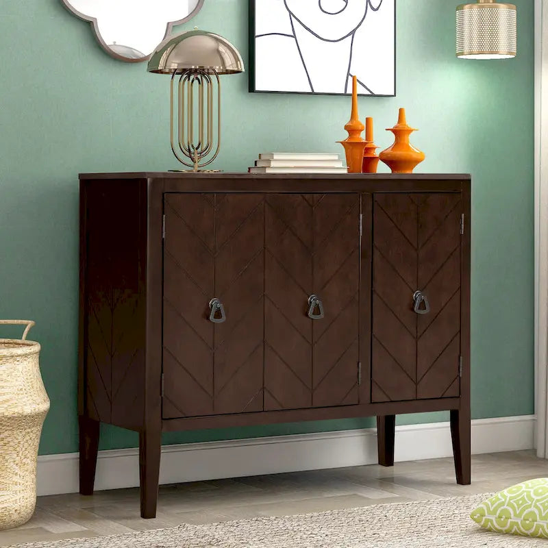 Buffet de rangement marron / bleu marine / gris – 3 poignées en métal, 4 pieds en pin, étagère réglable