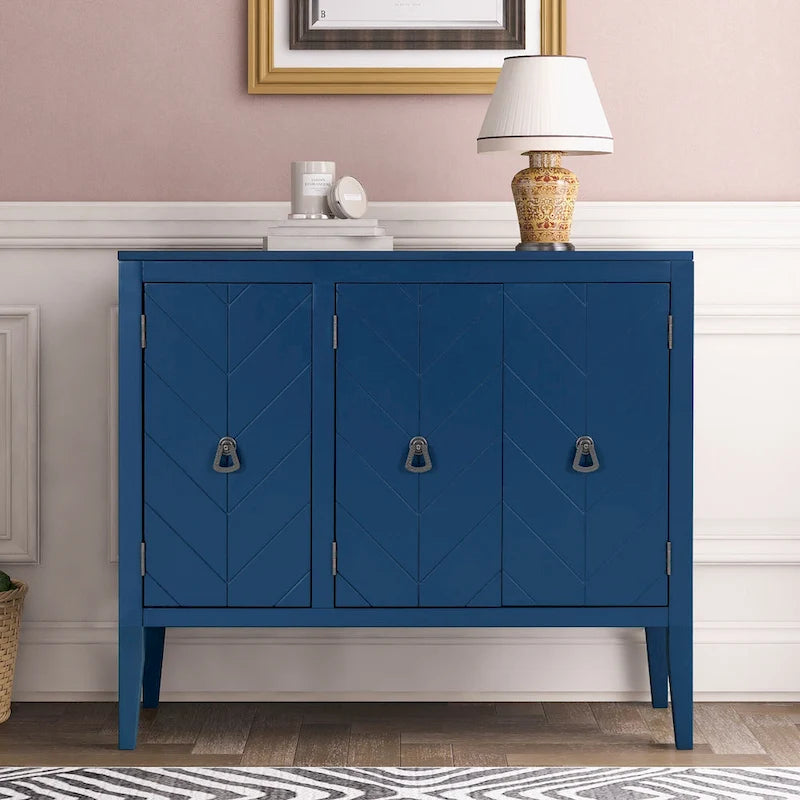 Buffet de rangement marron / bleu marine / gris – 3 poignées en métal, 4 pieds en pin, étagère réglable