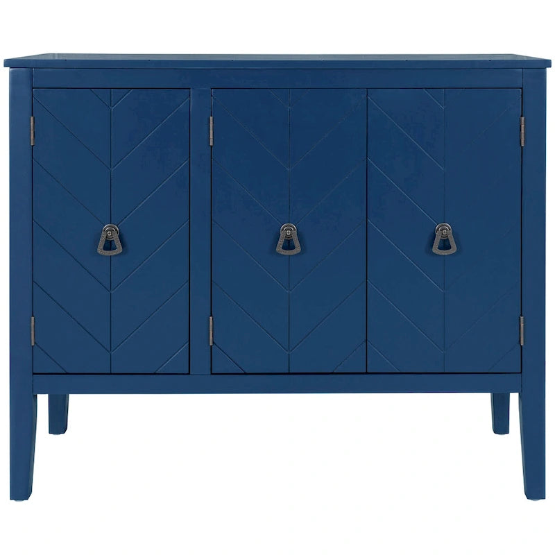 Buffet de rangement marron / bleu marine / gris – 3 poignées en métal, 4 pieds en pin, étagère réglable