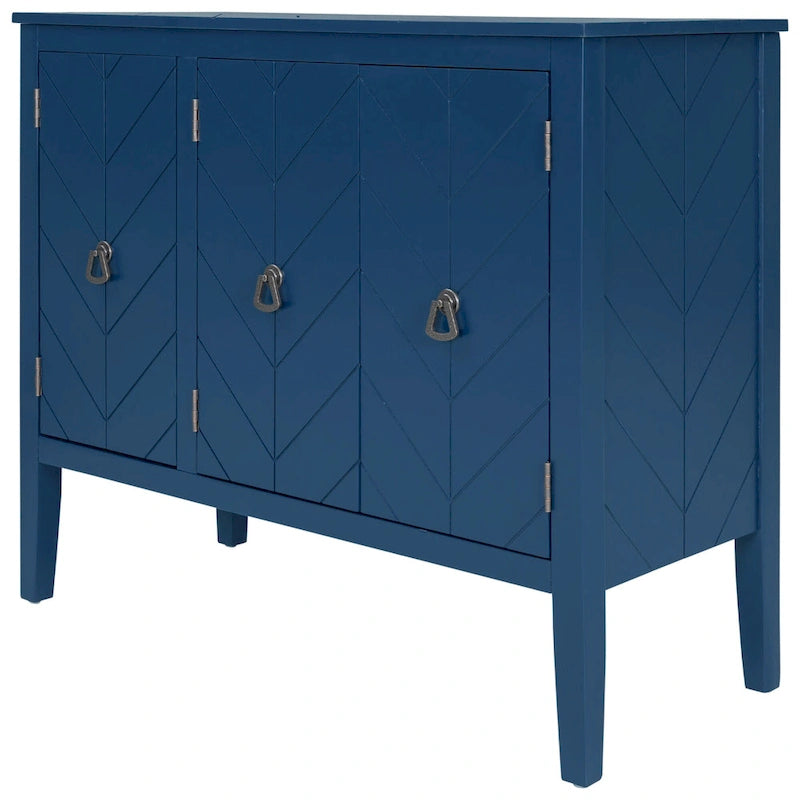 Buffet de rangement marron / bleu marine / gris – 3 poignées en métal, 4 pieds en pin, étagère réglable