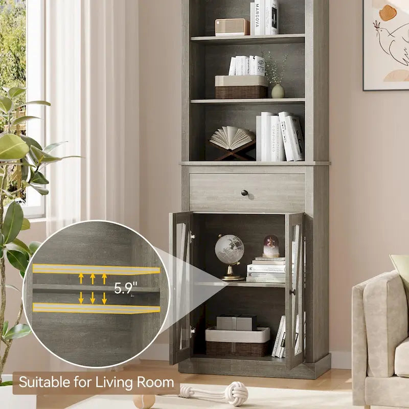Armoire de rangement fine grise avec tiroir et 5 étagères, capacité 2 adultes