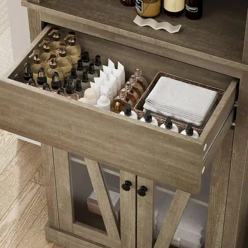 Armoire de rangement fine grise avec tiroir et 5 étagères, capacité 2 adultes