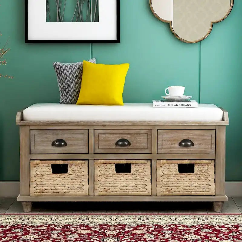 Banc de rangement avec 3 tiroirs et 3 paniers en rotin, 1 place – Blanc blanchi / Expresso / Bleu marine antique / Blanc