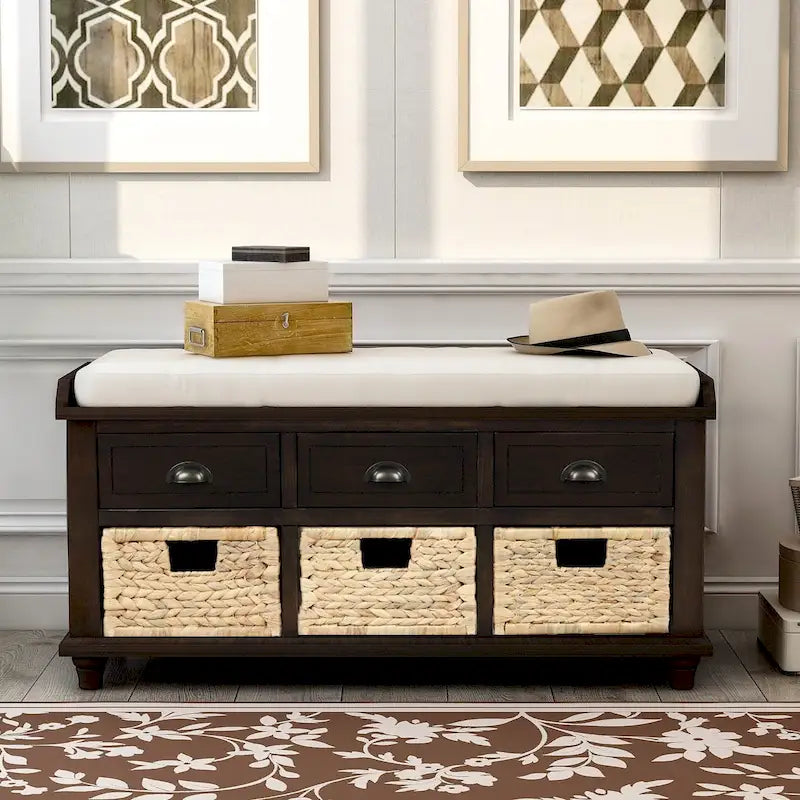 Banc de rangement avec 3 tiroirs et 3 paniers en rotin, 1 place – Blanc blanchi / Expresso / Bleu marine antique / Blanc