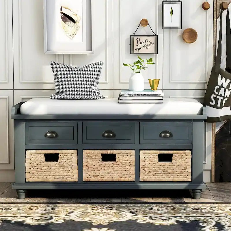 Banc de rangement avec 3 tiroirs et 3 paniers en rotin, 1 place – Blanc blanchi / Expresso / Bleu marine antique / Blanc