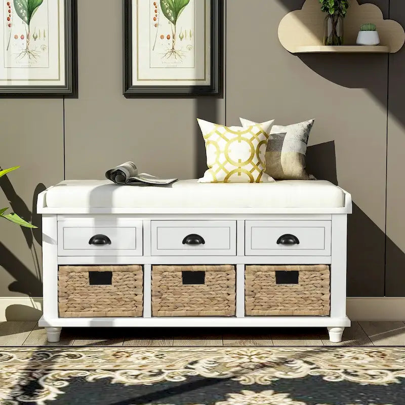 Banc de rangement avec 3 tiroirs et 3 paniers en rotin, 1 place – Blanc blanchi / Expresso / Bleu marine antique / Blanc