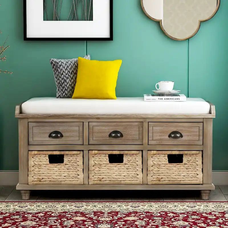 Banc de rangement avec 3 tiroirs et 3 paniers en rotin, 1 place – Blanc blanchi / Expresso / Bleu marine antique / Blanc