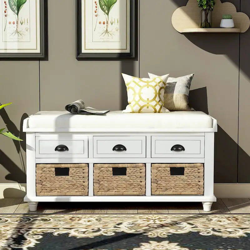 Banc de rangement avec 3 tiroirs et 3 paniers en rotin, 1 place – Blanc blanchi / Expresso / Bleu marine antique / Blanc