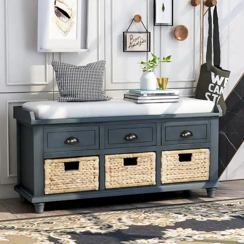 Banc de rangement avec 3 tiroirs et 3 paniers en rotin, 1 place – Blanc blanchi / Expresso / Bleu marine antique / Blanc