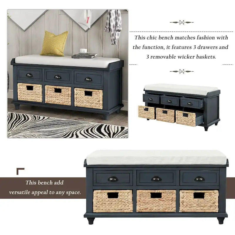 Banc de rangement avec 3 tiroirs et 3 paniers en rotin, 1 place – Blanc blanchi / Expresso / Bleu marine antique / Blanc