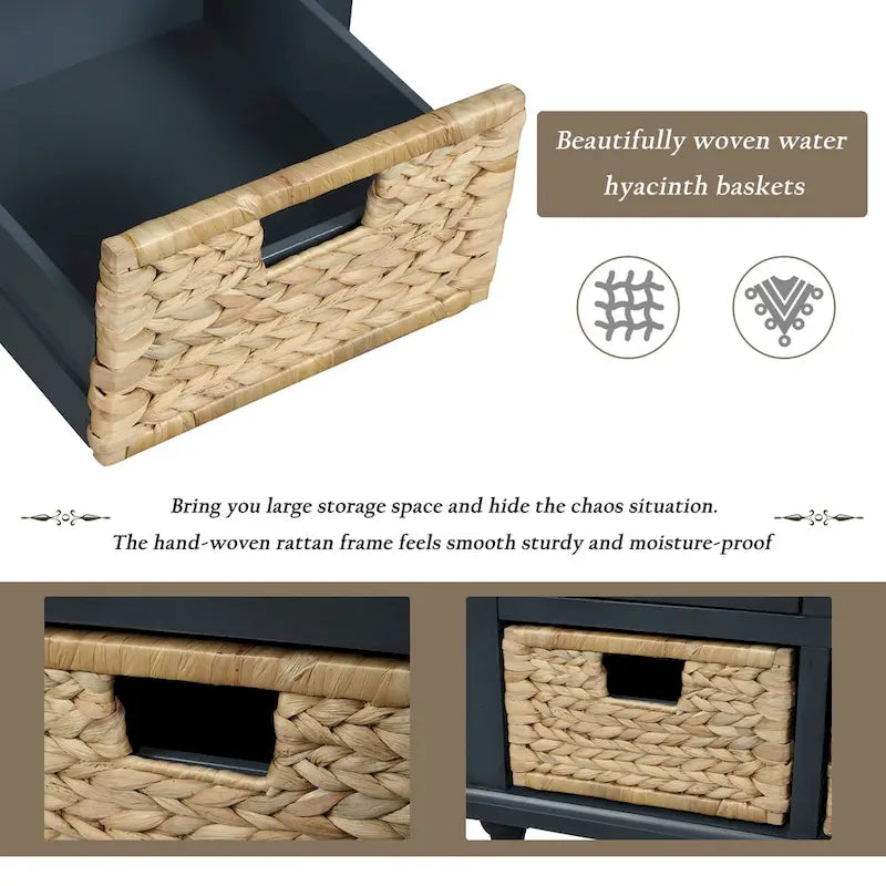 Banc de rangement avec 3 tiroirs et 3 paniers en rotin, 1 place – Blanc blanchi / Expresso / Bleu marine antique / Blanc