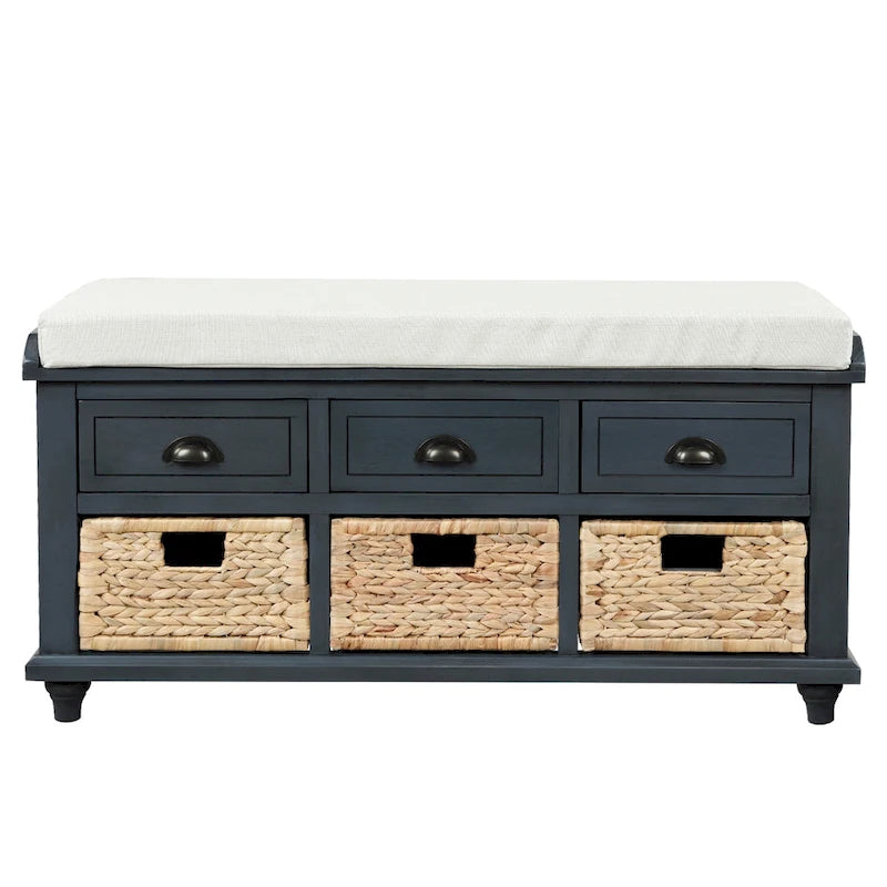 Banc de rangement avec 3 tiroirs et 3 paniers en rotin, 1 place – Blanc blanchi / Expresso / Bleu marine antique / Blanc