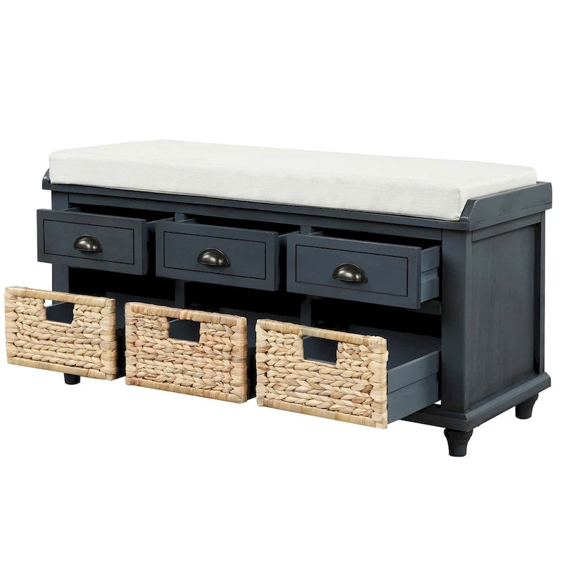 Banc de rangement avec 3 tiroirs et 3 paniers en rotin, 1 place – Blanc blanchi / Expresso / Bleu marine antique / Blanc