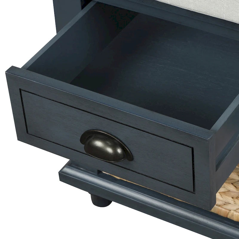 Banc de rangement avec 3 tiroirs et 3 paniers en rotin, 1 place – Blanc blanchi / Expresso / Bleu marine antique / Blanc