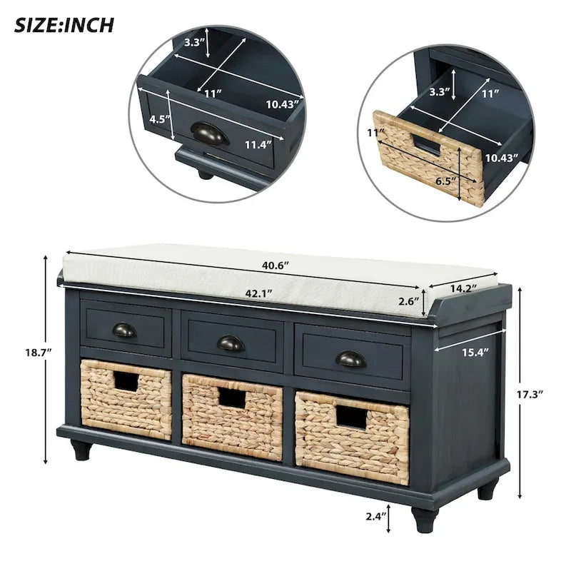 Banc de rangement avec 3 tiroirs et 3 paniers en rotin, 1 place – Blanc blanchi / Expresso / Bleu marine antique / Blanc
