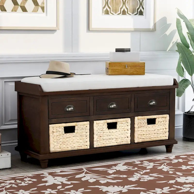 Banc de rangement avec 3 tiroirs et 3 paniers en rotin, 1 place – Blanc blanchi / Expresso / Bleu marine antique / Blanc