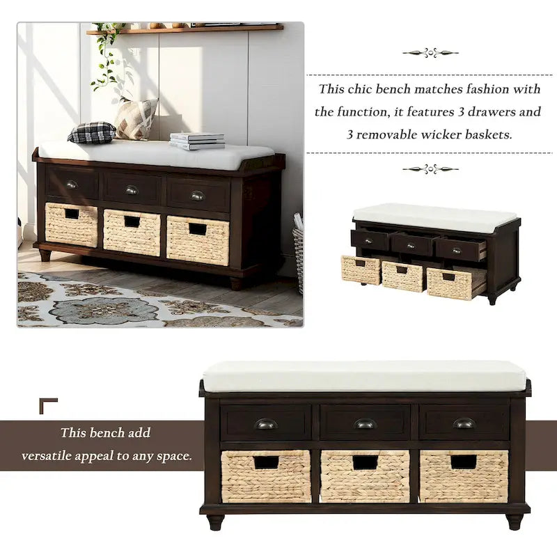 Banc de rangement avec 3 tiroirs et 3 paniers en rotin, 1 place – Blanc blanchi / Expresso / Bleu marine antique / Blanc