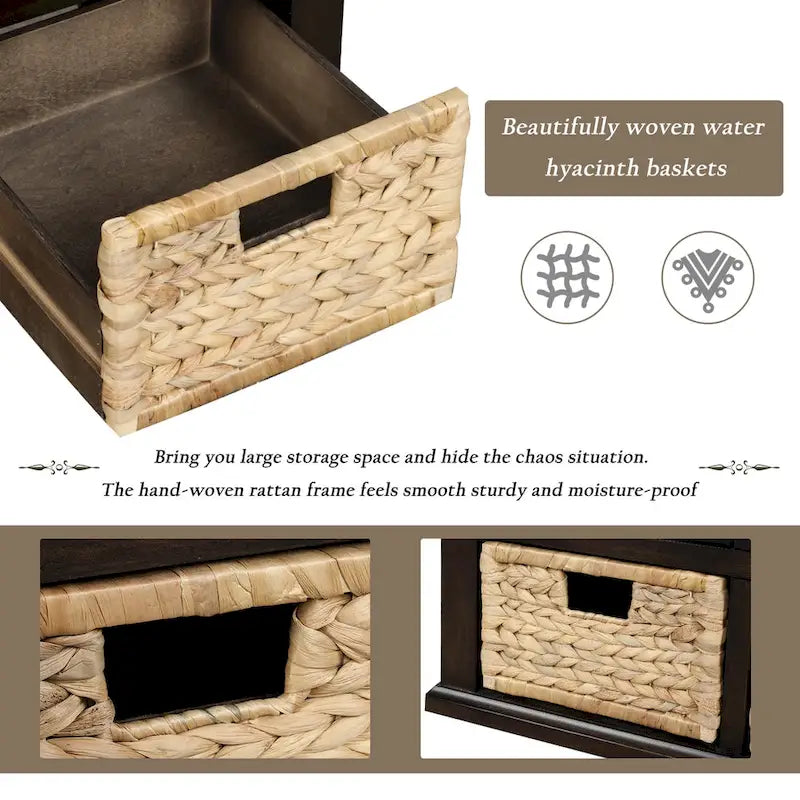Banc de rangement avec 3 tiroirs et 3 paniers en rotin, 1 place – Blanc blanchi / Expresso / Bleu marine antique / Blanc