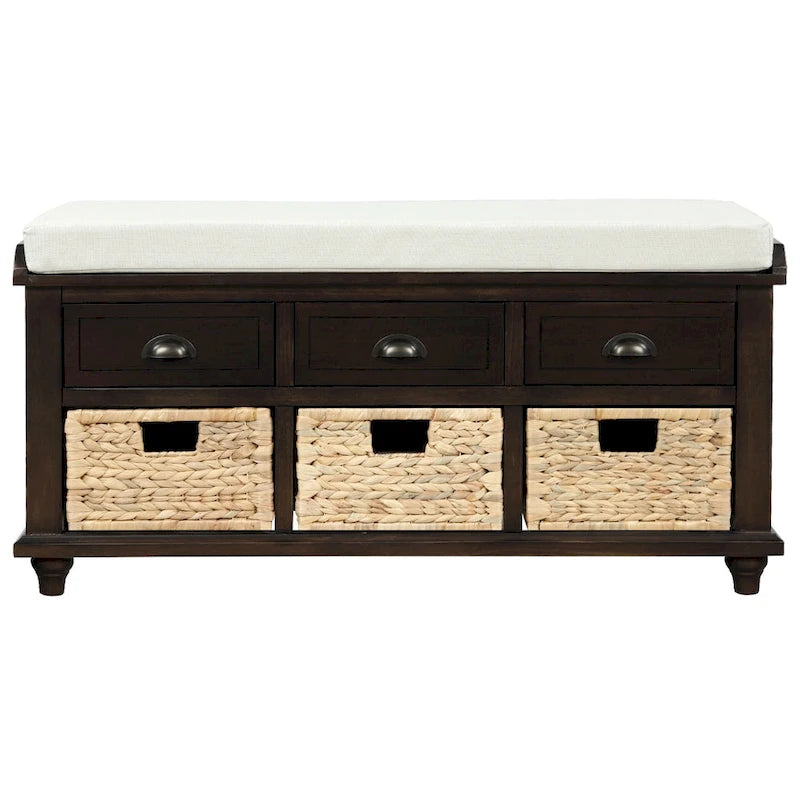 Banc de rangement avec 3 tiroirs et 3 paniers en rotin, 1 place – Blanc blanchi / Expresso / Bleu marine antique / Blanc