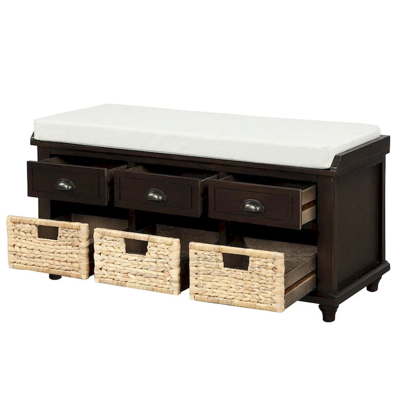 Banc de rangement avec 3 tiroirs et 3 paniers en rotin, 1 place – Blanc blanchi / Expresso / Bleu marine antique / Blanc
