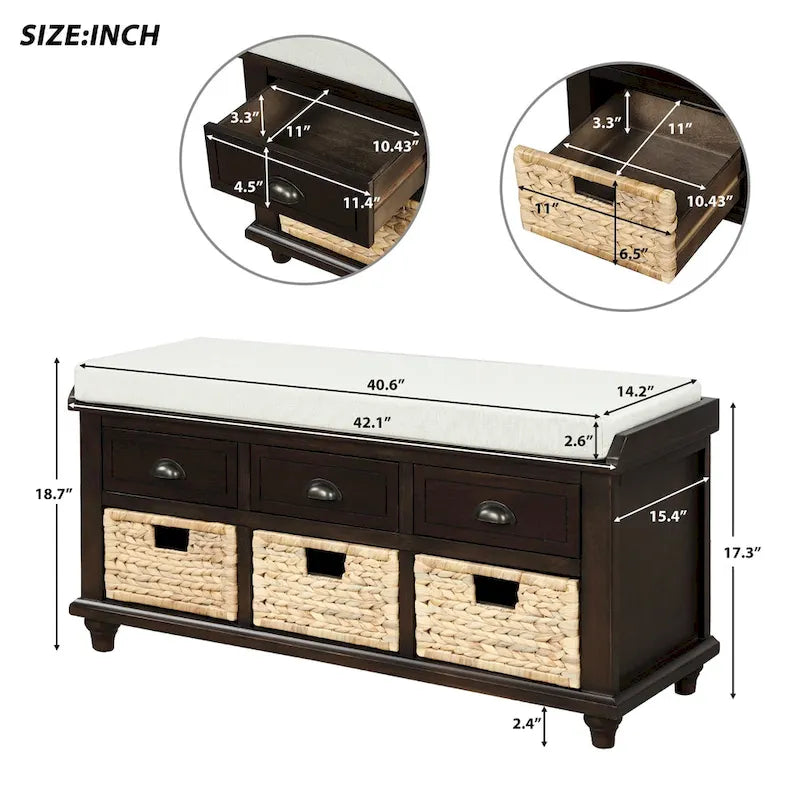 Banc de rangement avec 3 tiroirs et 3 paniers en rotin, 1 place – Blanc blanchi / Expresso / Bleu marine antique / Blanc