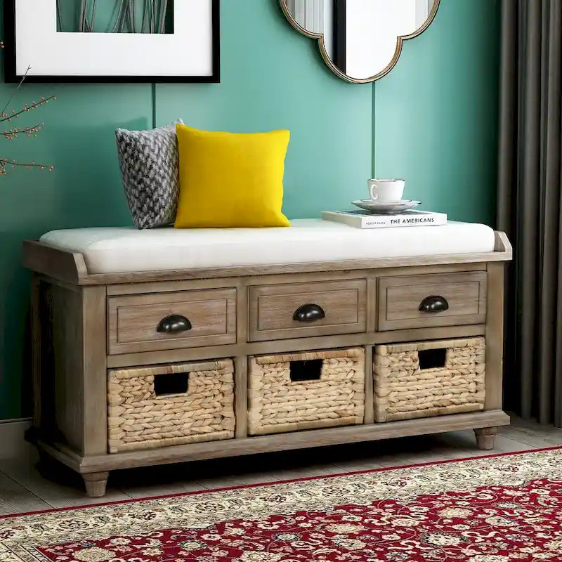 Banc de rangement avec 3 tiroirs et 3 paniers en rotin, 1 place – Blanc blanchi / Expresso / Bleu marine antique / Blanc