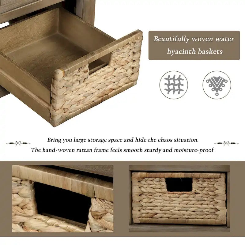 Banc de rangement avec 3 tiroirs et 3 paniers en rotin, 1 place – Blanc blanchi / Expresso / Bleu marine antique / Blanc