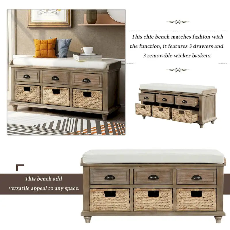 Banc de rangement avec 3 tiroirs et 3 paniers en rotin, 1 place – Blanc blanchi / Expresso / Bleu marine antique / Blanc