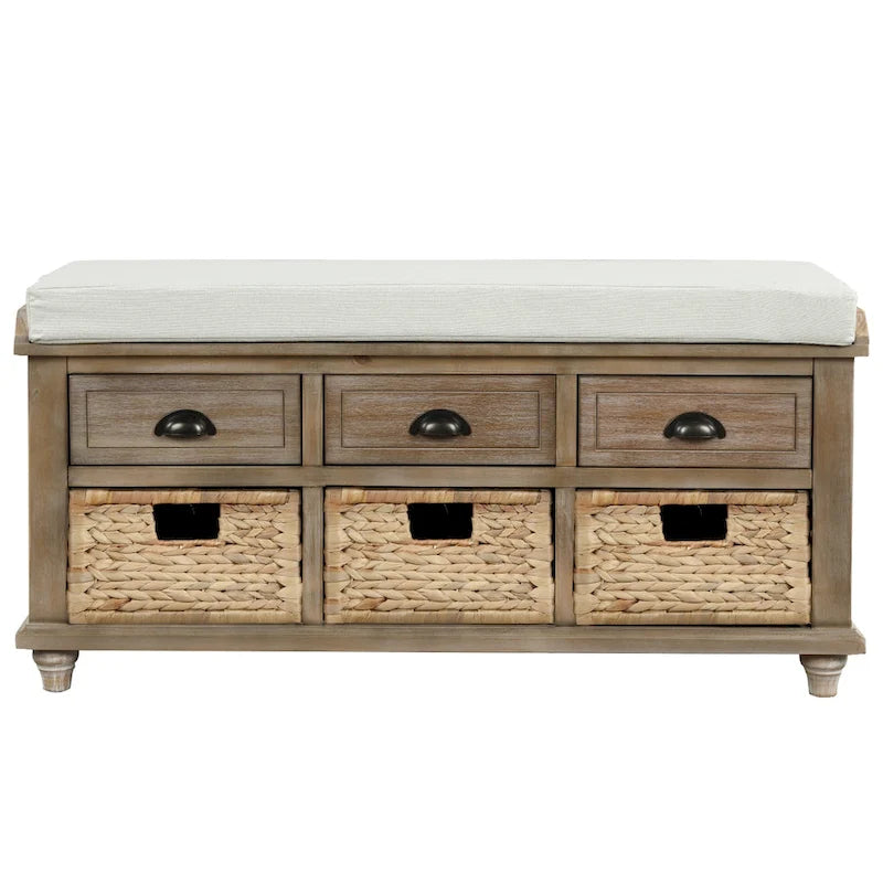 Banc de rangement avec 3 tiroirs et 3 paniers en rotin, 1 place – Blanc blanchi / Expresso / Bleu marine antique / Blanc