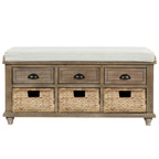 Banc de rangement avec 3 tiroirs et 3 paniers en rotin, 1 place – Blanc blanchi / Expresso / Bleu marine antique / Blanc