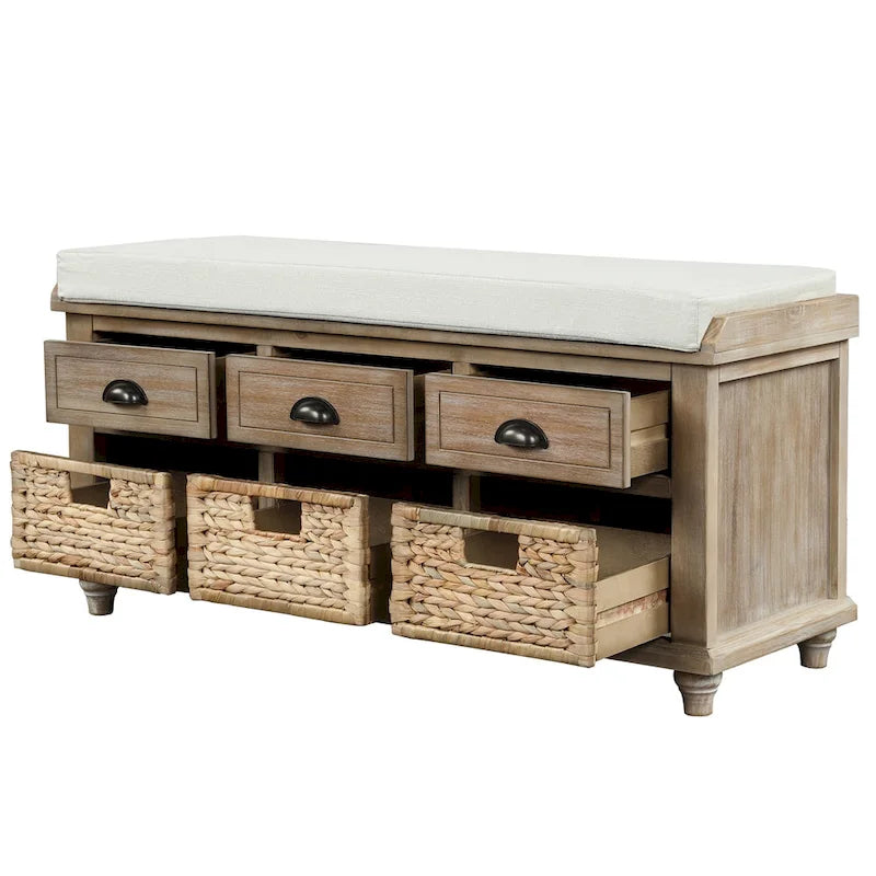 Banc de rangement avec 3 tiroirs et 3 paniers en rotin, 1 place – Blanc blanchi / Expresso / Bleu marine antique / Blanc
