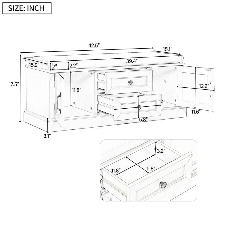 Banc de rangement avec 2 tiroirs et 2 coussins amovibles – 2 places, 5 couleurs